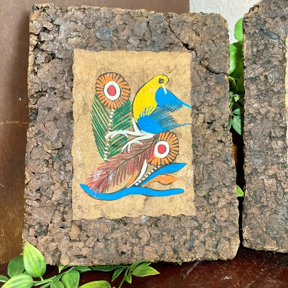 Vintage Mexican Folk Art Amate Bark Paintings On Cork Birds/Flowers 2 - Picture 2 of 12